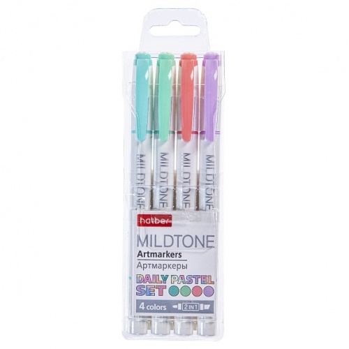 HL_066137 Набор артмаркеров Hatber Mildtone PASTEL двухсторон. 4шт в прозрачном ПВХ-боксе