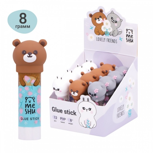 MS_45449	Клей-карандаш MESHU с топпером "Animals", 8г, дисплей бокс, ПВП, ассорти