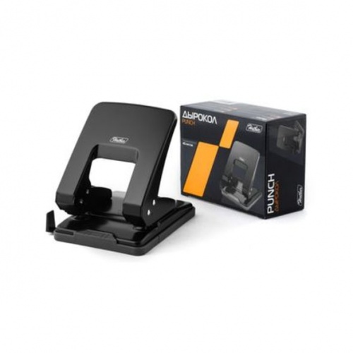 40DD_10101 Дырокол цельнометаллический Hatber 40л с линейкой Черный в картонном боксе