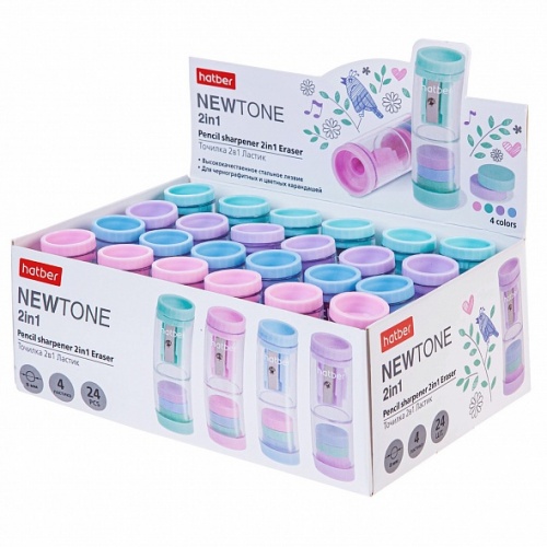BS_067113 Точилка Hatber NEWtone 2 in1 Пластик.цв. с контейн. с ластик. Ассорти 4 цв с крышкой 24шт в коробке