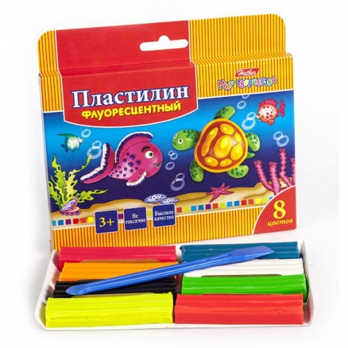 KPf_08210 Пластилин Восковой флуоресцентный  8 цв.120г Hatber со стеком- Морская семейка- с европ