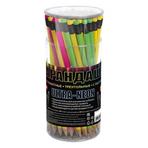 BHn_72191 Карандаш чернографитн. Hatber трехгран.корпус 72шт. ULTRA- Neon- Ассорти `HB` с ластиком с заточ. в пласт.тубе 
