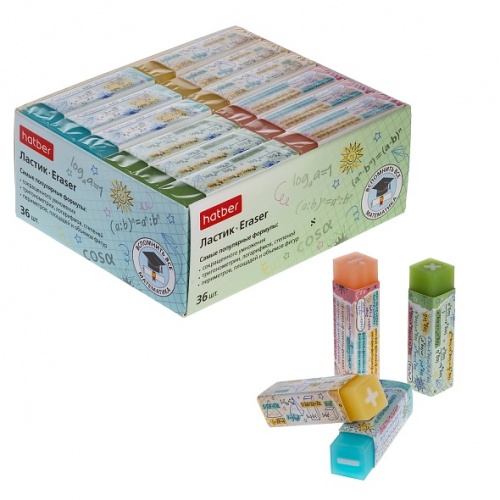 ER_090970 Ластик PVC Hatber Вспомнить все: -Математика-  прямоугольный 36 шт в картонной Дисплей-витрине 