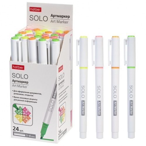 HL_087671 Артмаркер Hatber Solo NEON 1мм/4мм мягкий наконечник -Ассорти- 4 цвета 24 шт в картонной к