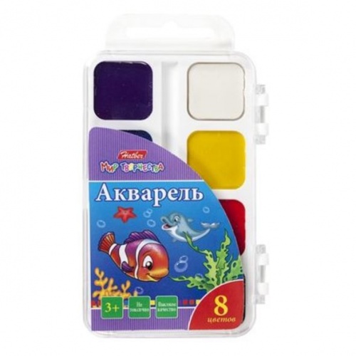 KKa_08010 Краски Акварель медовые полусухие 8 цв. Hatber-Дельфины- без кисти в пластиковом пенале