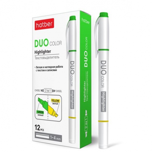 HL_059575 Текстовыделитель Hatber DUO двухцветный клиновидный пишущий узел 12шт. в картонной коробке Зеленый+Желтый 