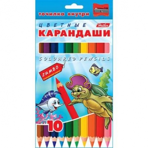 BKd_10210 КАРАНДАШИ Jumbo 10 цветов Hatber МОРСКАЯ СЕМЕЙКА + точилка карт.уп./европодвес заточ