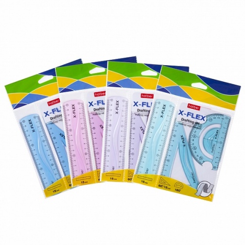 RL_067314 Набор чертежный Hatber X-Flex Пластик.гибкий-Ассорти(треуг.60град.13см,лин15см,трансп)