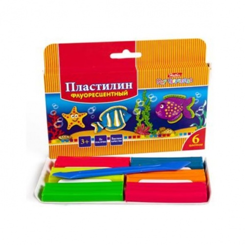 KPf_06210 Пластилин Восковой флуоресцентный  6 цв.90г Hatber со стеком- Морская семейка- с европ