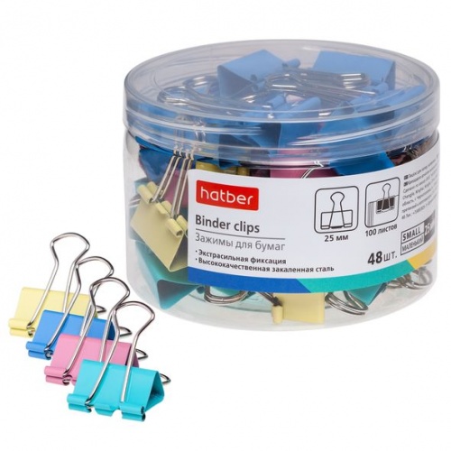 BC_059118 Зажимы для Бумаг Hatber 25мм цветные 48шт. в пласт.тубе