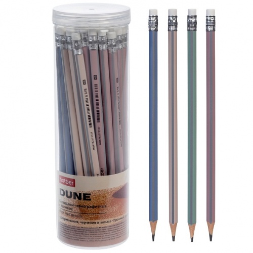 BL_089584 Карандаш чернографитн. Hatber Dune трехгран.корпус пластиковый 48шт. Ассорти "HB" с ластиком заточен. в пласт.тубе 