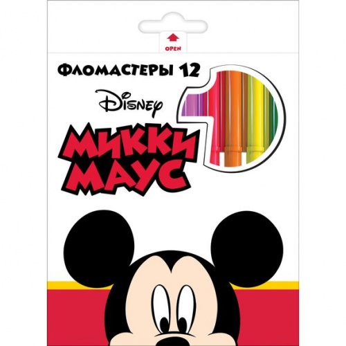 BFk_12120 Фломастеры `VK` 12 цв. -Микки Маус-( DISNEY) в карт.короб. с европодвесом