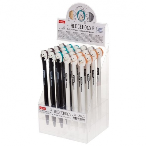 BP_058666 РУЧКА Hatber шариковая Автомат. Hedgehog(Ежики) Синяя 0,6мм игольч.пишущ.узел чернила soft ink 24шт в прозрачном ПВХ-боксе-Ассорти- 