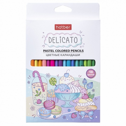 CS_072618 Карандаши цветные пастельные Hatber трехгран.корпус 18 цв. DELICATO заточен.   в карт. короб. с европодвесом 