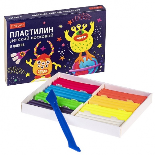 PL_071798 Пластилин Восковой Неон 8 цв. 120г Hatber со стеком-Монстрики-