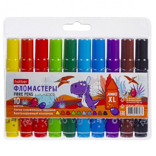 FP_091487 Фломастеры Hatber 10 цв. JUMBO-XL утолщен.корпус -ДИНОСАД-  в блистере с европодвесом 