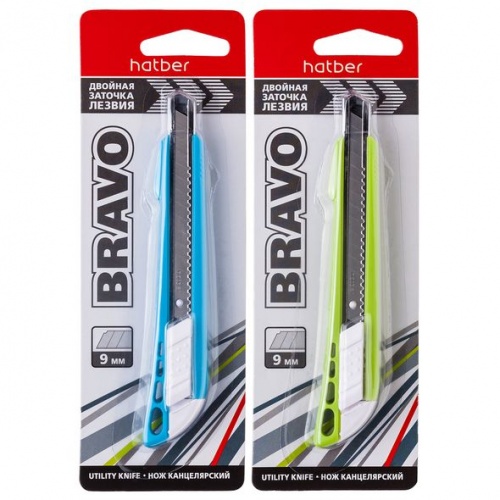 UK_060161 Нож Канцелярский Hatber BRAVO 9мм AUTO-LOCK металл.направл. в блистере с европодвесом 