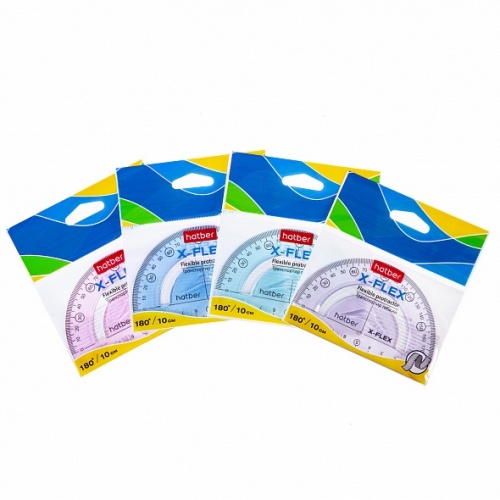 RL_067317 Транспортир Пластик гибкий 180 градусов 10см Hatber X-Flex-Ассорти-в пакете с европодвесом
