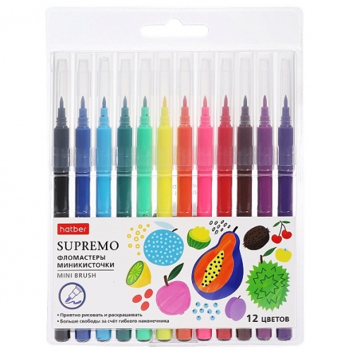 FP_087563 Фломастеры Hatber миникисть 12 цв. -Supremo-  в блистере с европодвесом