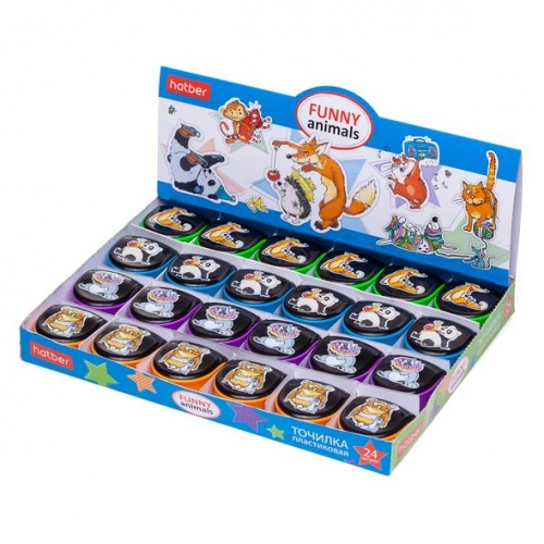BS_10011 Точилка Hatber Пластиковая Цветная с контейнером -Funny animals- в картонной Дисплей-витрине 