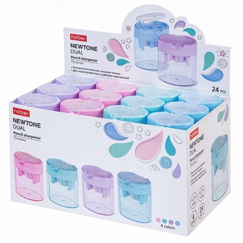 BS_067115 Точилка Hatber NEWtone Dual Пластик Цв с конт с 2-мя отв Ассорти 4 цв с крышкой 24шт в коробке