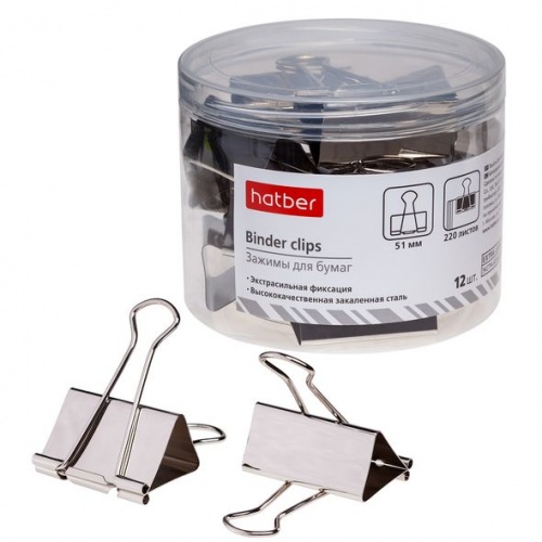 BC_059127 Зажимы для Бумаг Hatber 51мм Серебряные 12шт. в пласт.тубе