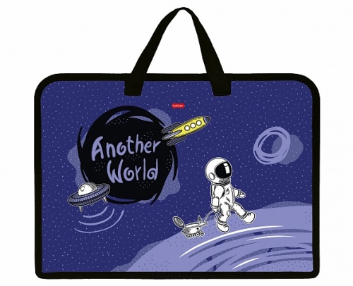 AMn_25059 Папка для тетрадей Пластиковая А4ф Hatber 1 отделение с РУЧКАМИ 245х340х35мм на молнии-Космические истории-  в индив.упак. 