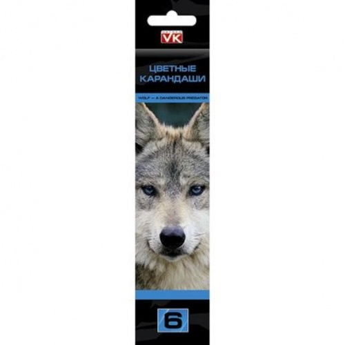 BKc_06309 Карандаши цветные "VK" 6 цв. Дикие звери с заточ.   в карт.короб. с европодвесом